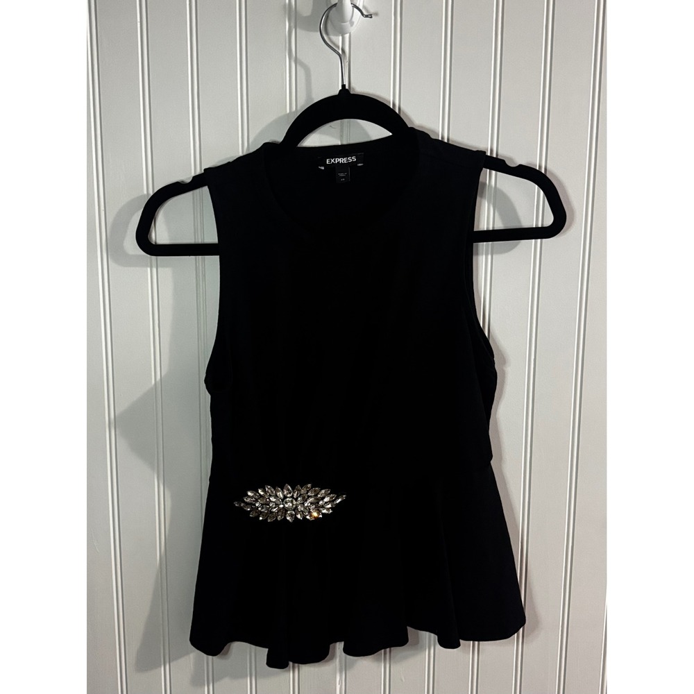 Express Womens Black Cotton Sleeveless Peplum Top Crystal Embellished XS